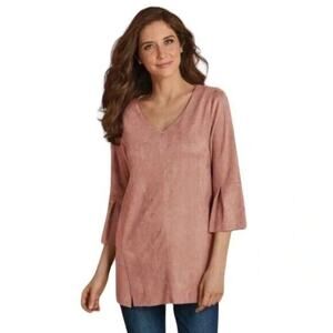 SOFT SURROUNDINGS Womens Tunic S Izzy Blush Pink Faux‎ Suede Bell Sleeve Top